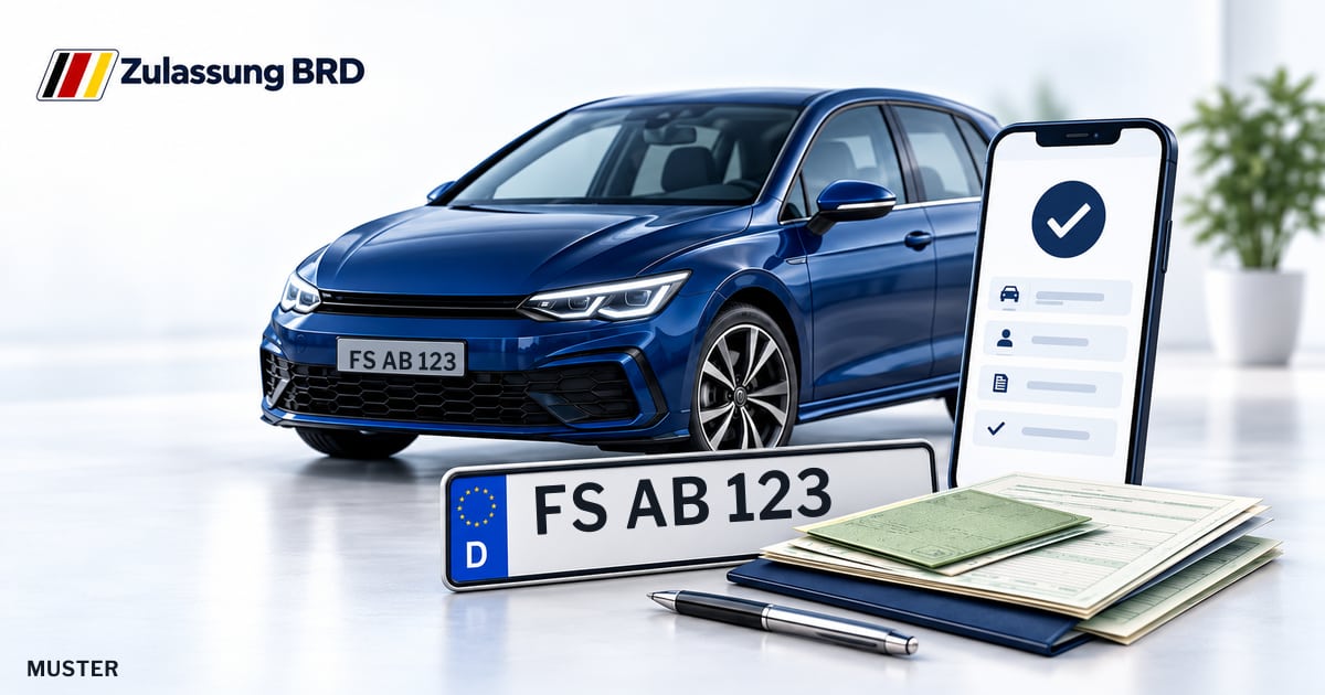 Online Fahrzeugzulassung in Hallbergmoos: Musterkennzeichen FS AB 123, Auto und Fahrzeugpapiere und Smartphone. Illustration mit Logo von Zulassung BRD.